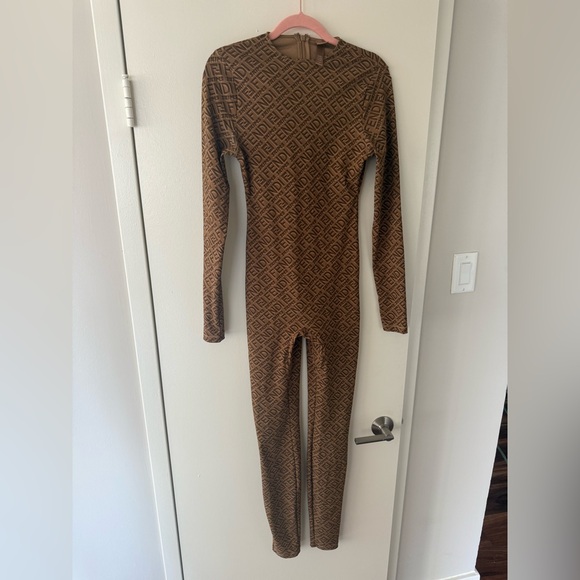 Fendi Pants - Fendi x Skims Jumpsuit Brown/Tan Printed Long Sleeves w/ Crew Neck - Size: Small